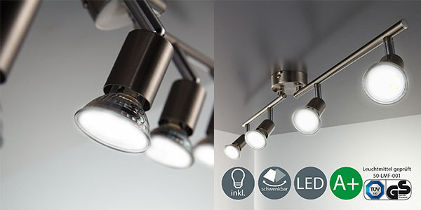 Chollo Lámpara de techo LED B.K. Licht con 4 focos orientables y